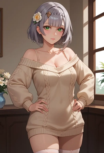 genshin impact,noelle_(genshin_impact),Hands on hips,off-shoulder,sweater,stockings  - AI generated anime art