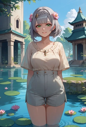 genshin impact,noelle_(genshin_impact),graphic tee,shorts,sneakers  - AI generated anime art