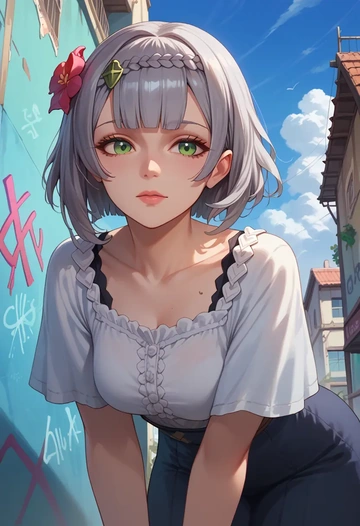 genshin impact,noelle_(genshin_impact),patchwork graffiti top,dolphin shorts  - AI generated anime art