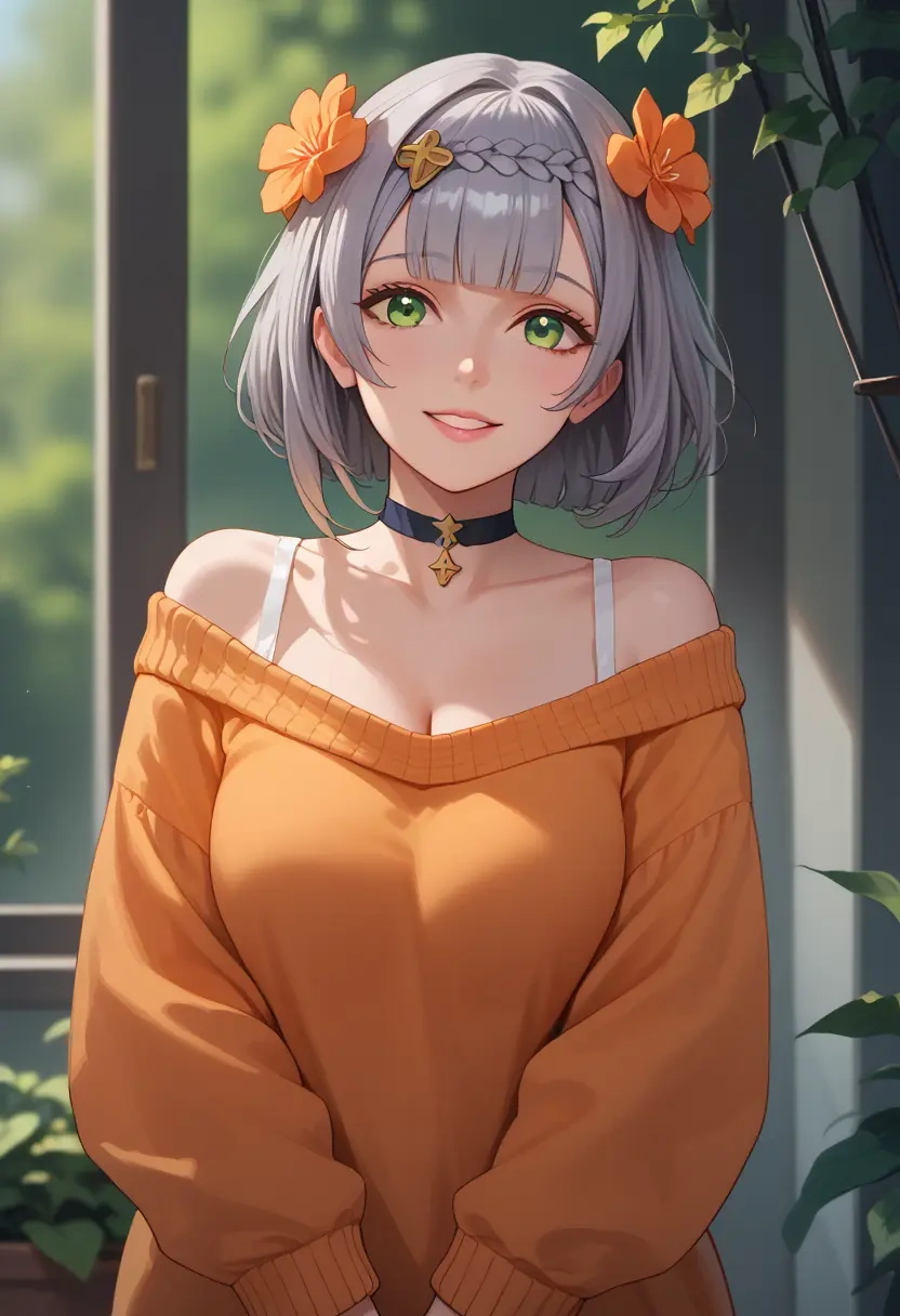 genshin impact,noelle_(genshin_impact),orange,sweater,choker  - 