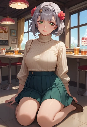 genshin impact,noelle_(genshin_impact),skirt,pleated,turtleneck sweater  - AI generated anime art