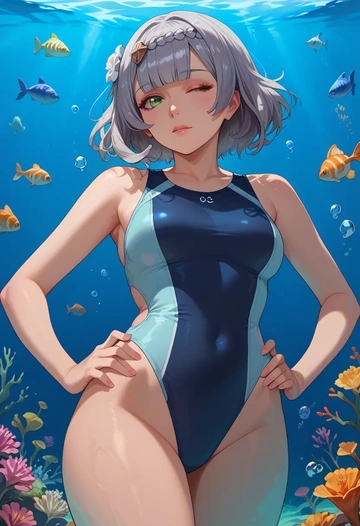 genshin impact,noelle_(genshin_impact),racerback swimsuit,striped trim,name tag patch  - AI generated anime art