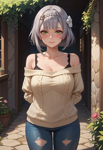 genshin impact,noelle_(genshin_impact),sweater,off-shoulder,ripped jeans  - AI generated anime art