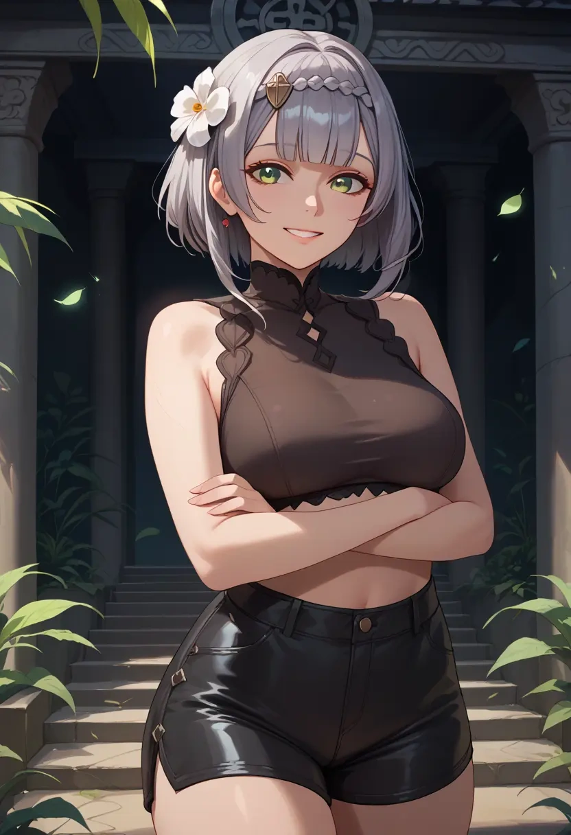 genshin impact,noelle_(genshin_impact),leather,shorts,crop top  - 