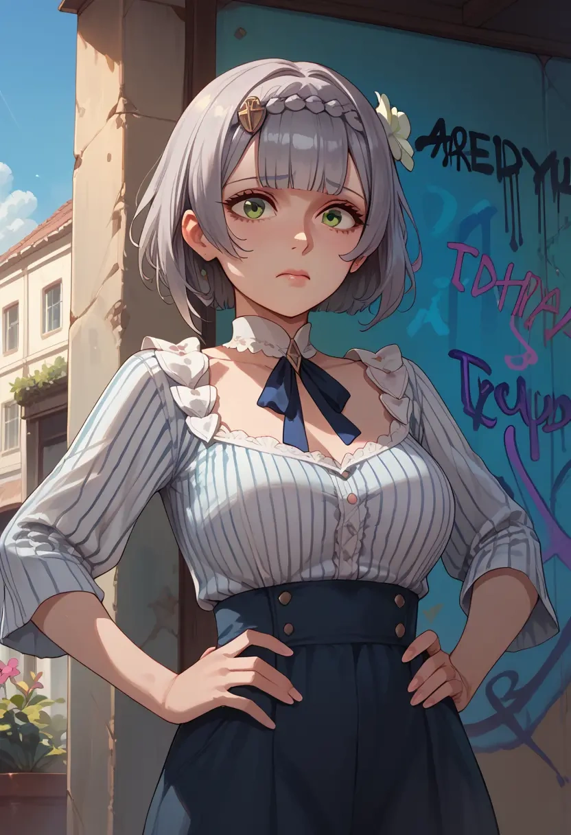 genshin impact,noelle_(genshin_impact),striped graffiti blouse,dolphin shorts  - 