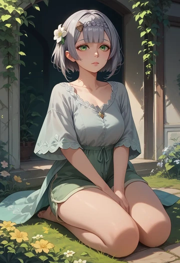 genshin impact,noelle_(genshin_impact),graphic tee,shorts,sneakers  - AI generated anime art