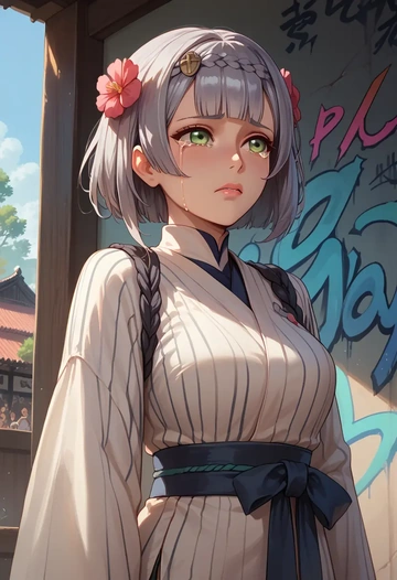 genshin impact,noelle_(genshin_impact),striped graffiti blouse,dolphin shorts  - AI generated anime art