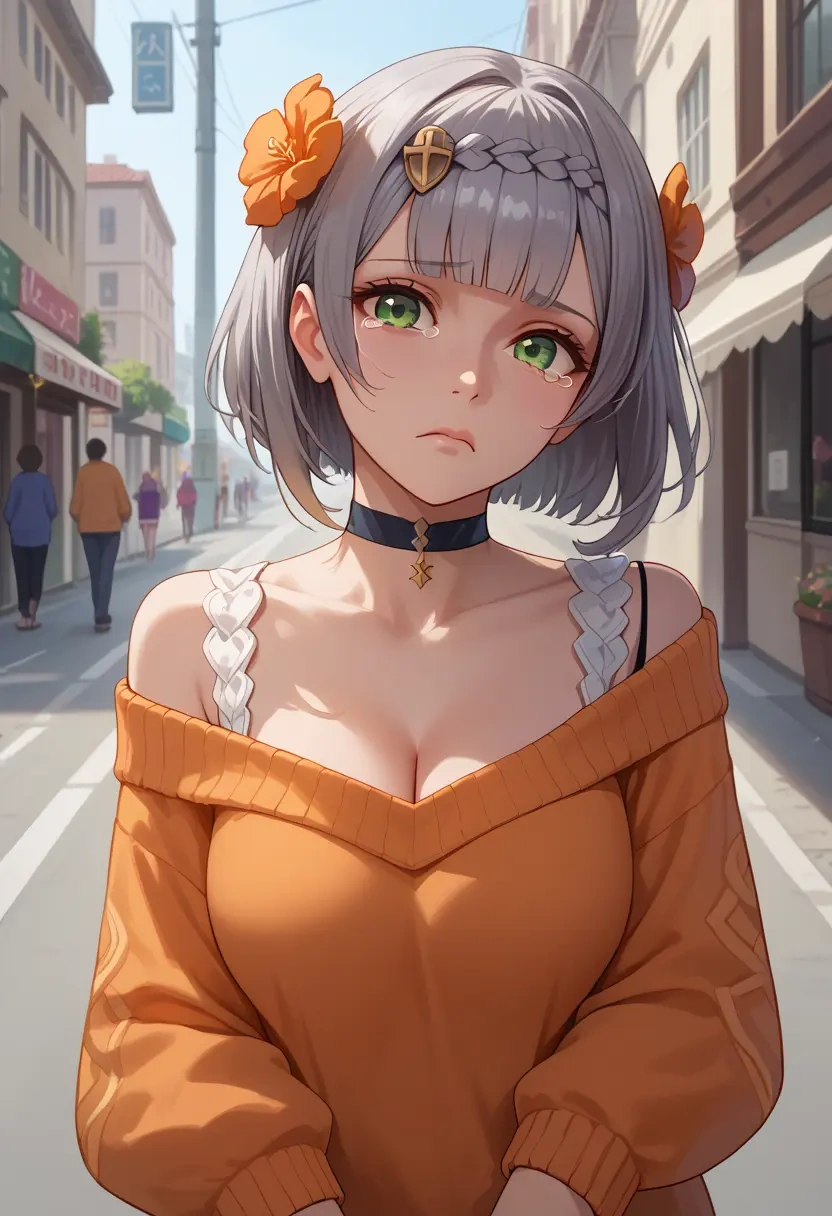 genshin impact,noelle_(genshin_impact),orange,sweater,choker  - 