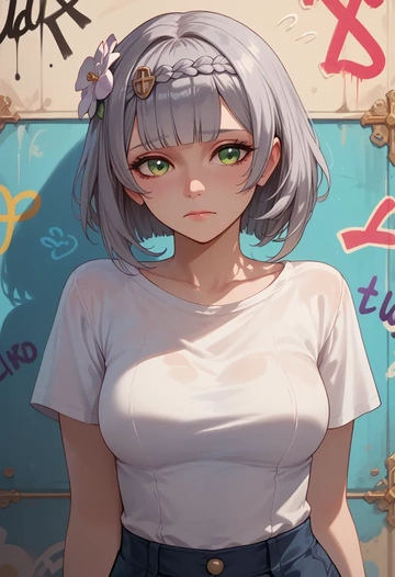 genshin impact,noelle_(genshin_impact),crop graffiti tee,dolphin shorts  - AI generated anime art