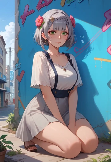 genshin impact,noelle_(genshin_impact),neon graffiti top,dolphin shorts  - AI generated anime art