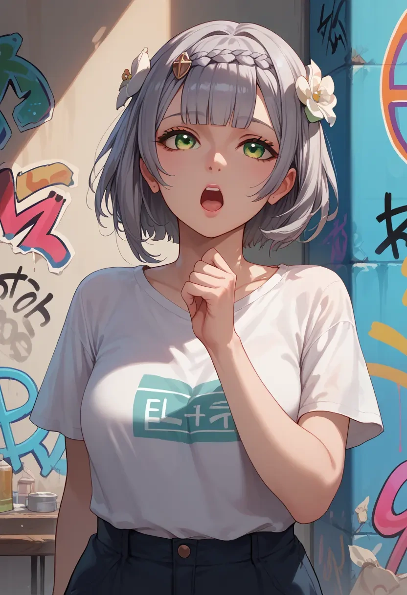 genshin impact,noelle_(genshin_impact),crop graffiti tee,dolphin shorts  - 