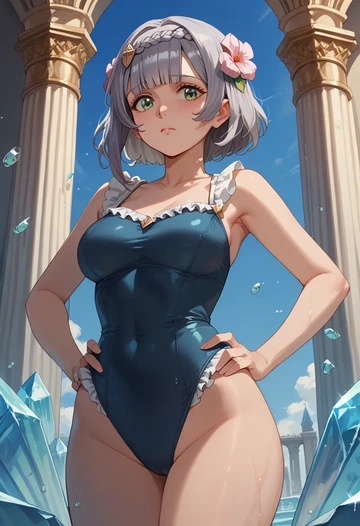 genshin impact,noelle_(genshin_impact),retro style swimsuit,frilled neckline,bow detail  - AI generated anime art