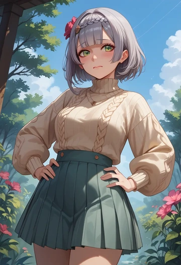 genshin impact,noelle_(genshin_impact),sweater,cropped,pleated midi skirt  - AI generated anime art