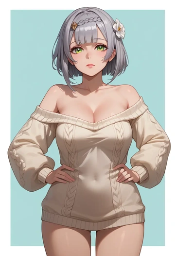 genshin impact,noelle_(genshin_impact),Hands on hips,off-shoulder,sweater  - AI generated anime art