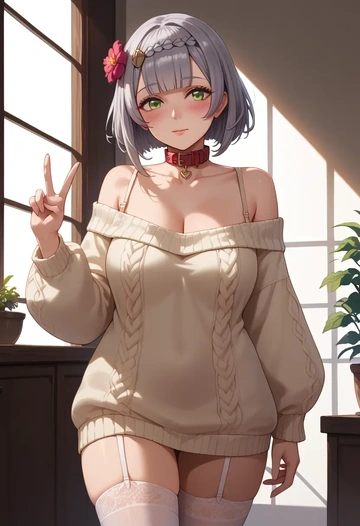 genshin impact,noelle_(genshin_impact),blushing,collar,off-shoulder,sweater,stockings  - AI generated anime art