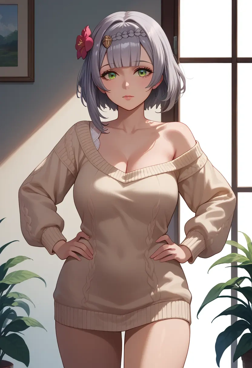 genshin impact,noelle_(genshin_impact),Hands on hips,off-shoulder,sweater  - 