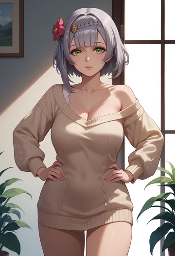 genshin impact,noelle_(genshin_impact),Hands on hips,off-shoulder,sweater  - AI generated anime art