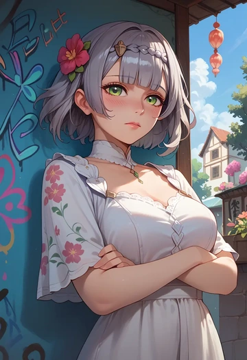 genshin impact,noelle_(genshin_impact),floral graffiti blouse,dolphin shorts  - AI generated anime art