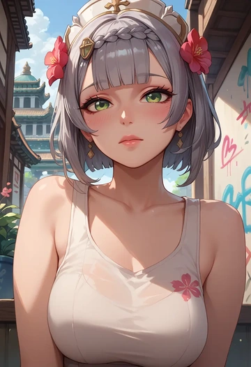 genshin impact,noelle_(genshin_impact),abstract graffiti tank,dolphin shorts  - AI generated anime art