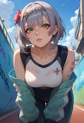 genshin impact,noelle_(genshin_impact),patchwork graffiti top,dolphin shorts  - AI generated anime art