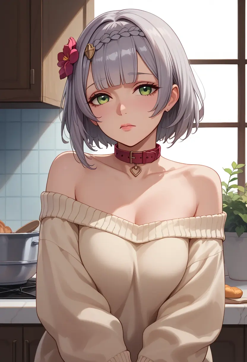 genshin impact,noelle_(genshin_impact),sweater,off-shoulder,collar  - 