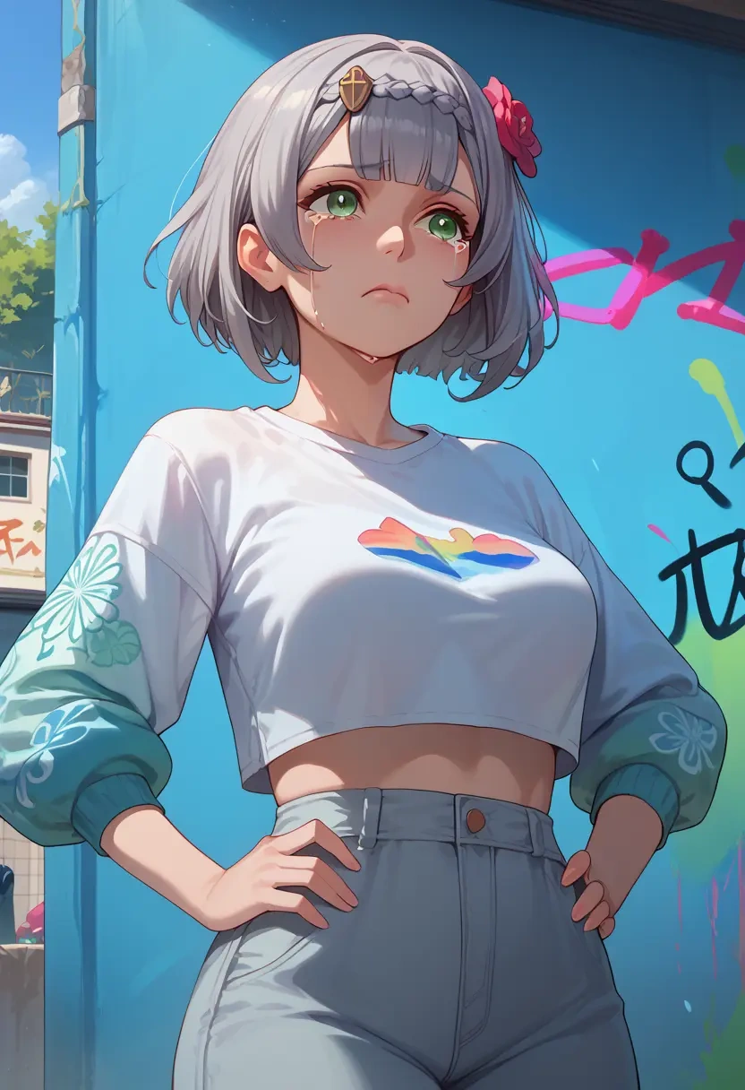 genshin impact,noelle_(genshin_impact),cropped graffiti sweatshirt,dolphin shorts  - 