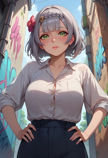 genshin impact,noelle_(genshin_impact),oversized graffiti shirt,dolphin shorts  - AI generated anime art