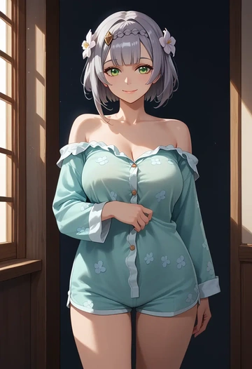 genshin impact,noelle_(genshin_impact),pajamas, low-waisted shorts  - AI generated anime art