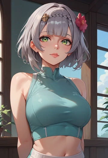 genshin impact,noelle_(genshin_impact),sports crop,high-waisted shorts  - AI generated anime art