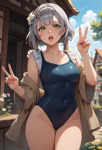 genshin impact,noelle_(genshin_impact),retro style swimsuit,frilled neckline,bow detail  - AI generated anime art