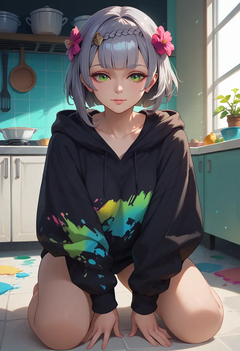 genshin impact,noelle_(genshin_impact),oversized graphic hoodie,thigh-high socks,shorts  - 