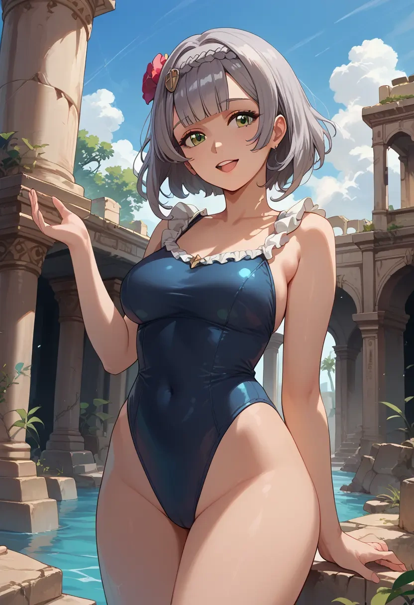 genshin impact,noelle_(genshin_impact),retro style swimsuit,frilled neckline,bow detail  - 