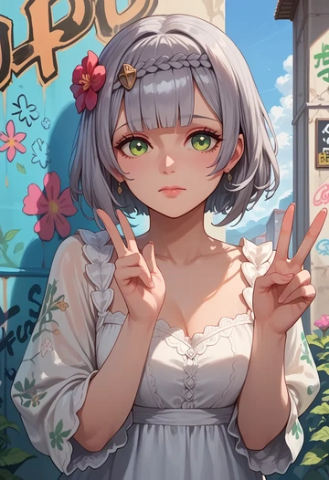 genshin impact,noelle_(genshin_impact),floral graffiti blouse,dolphin shorts  - AI generated anime art