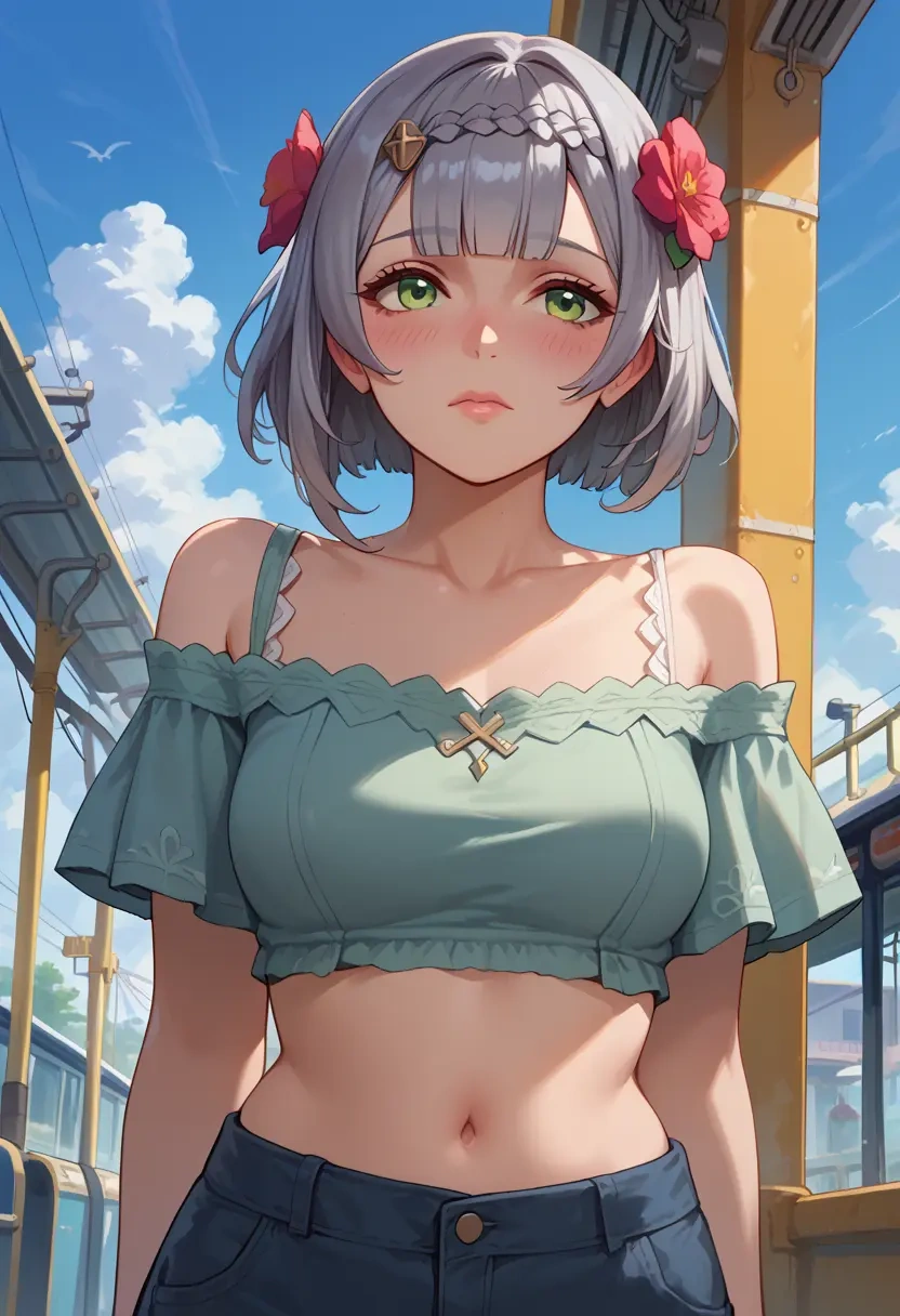 genshin impact,noelle_(genshin_impact),off-shoulder top,dolphin shorts  - 