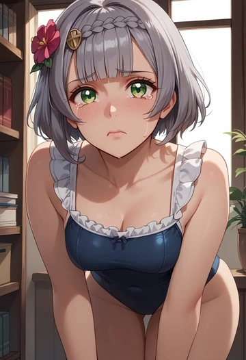 genshin impact,noelle_(genshin_impact),retro style swimsuit,frilled neckline,bow detail  - AI generated anime art