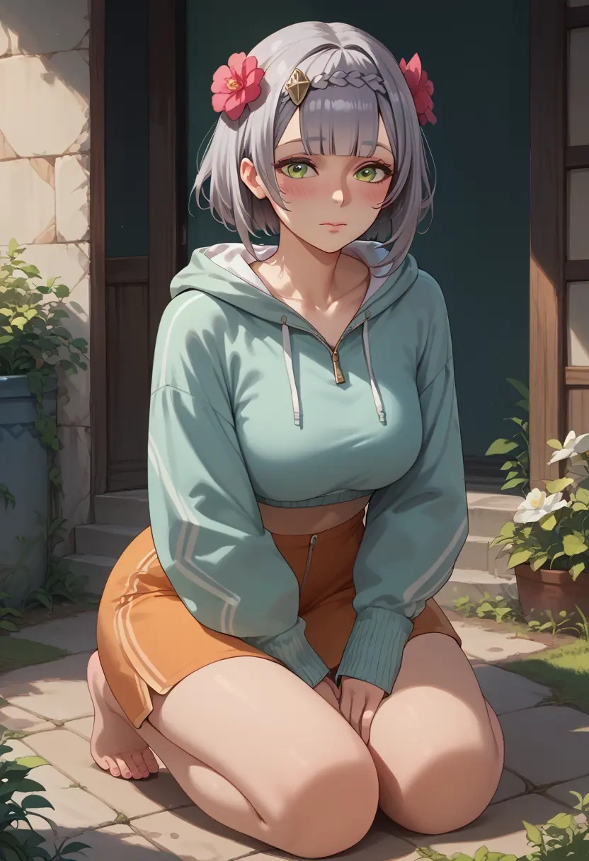 genshin impact,noelle_(genshin_impact),crop hoodie,shorts  - 