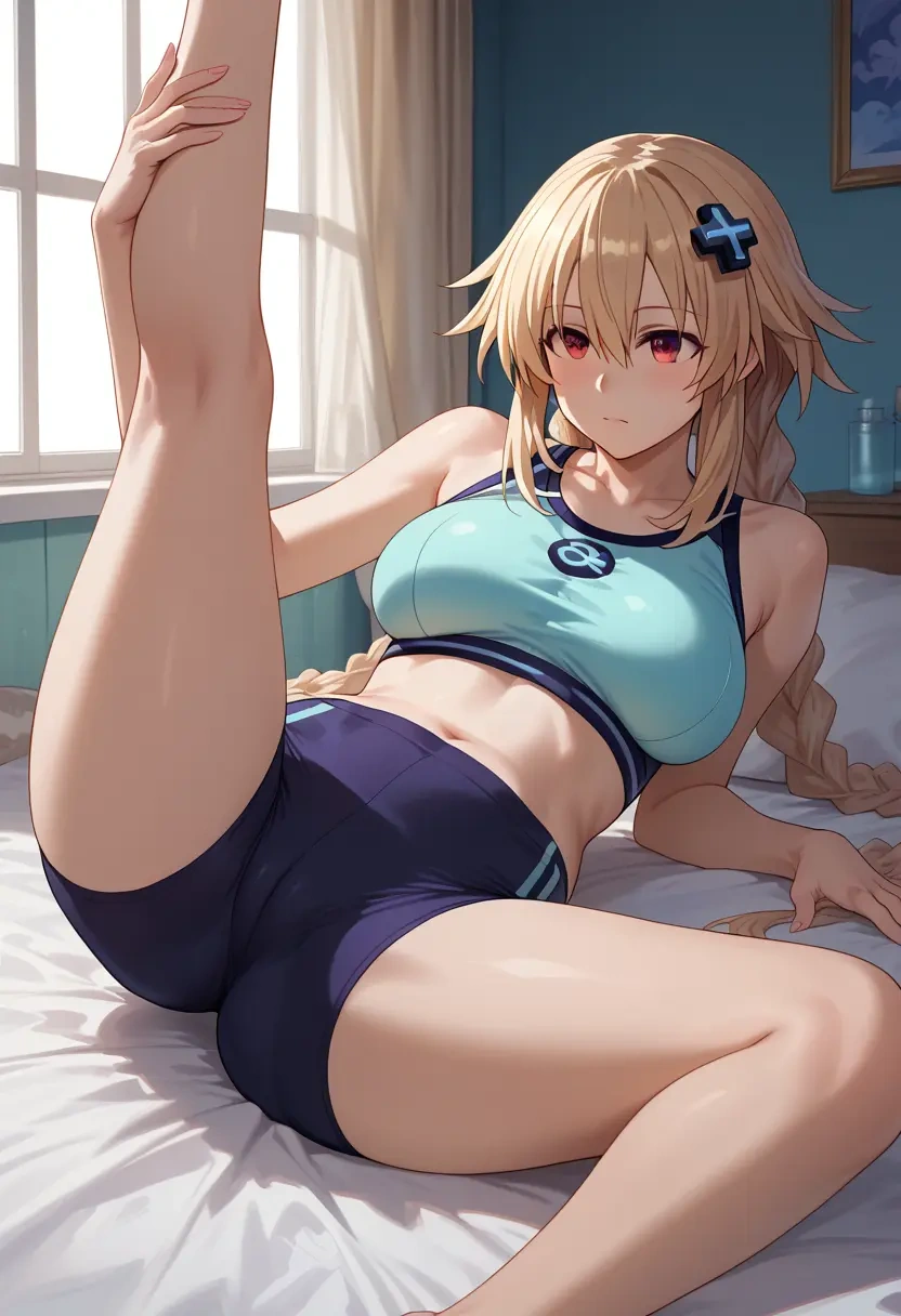 neptune_(series),noire_(neptunia),yoga shorts,spread legs,sexy,one leg up  - 