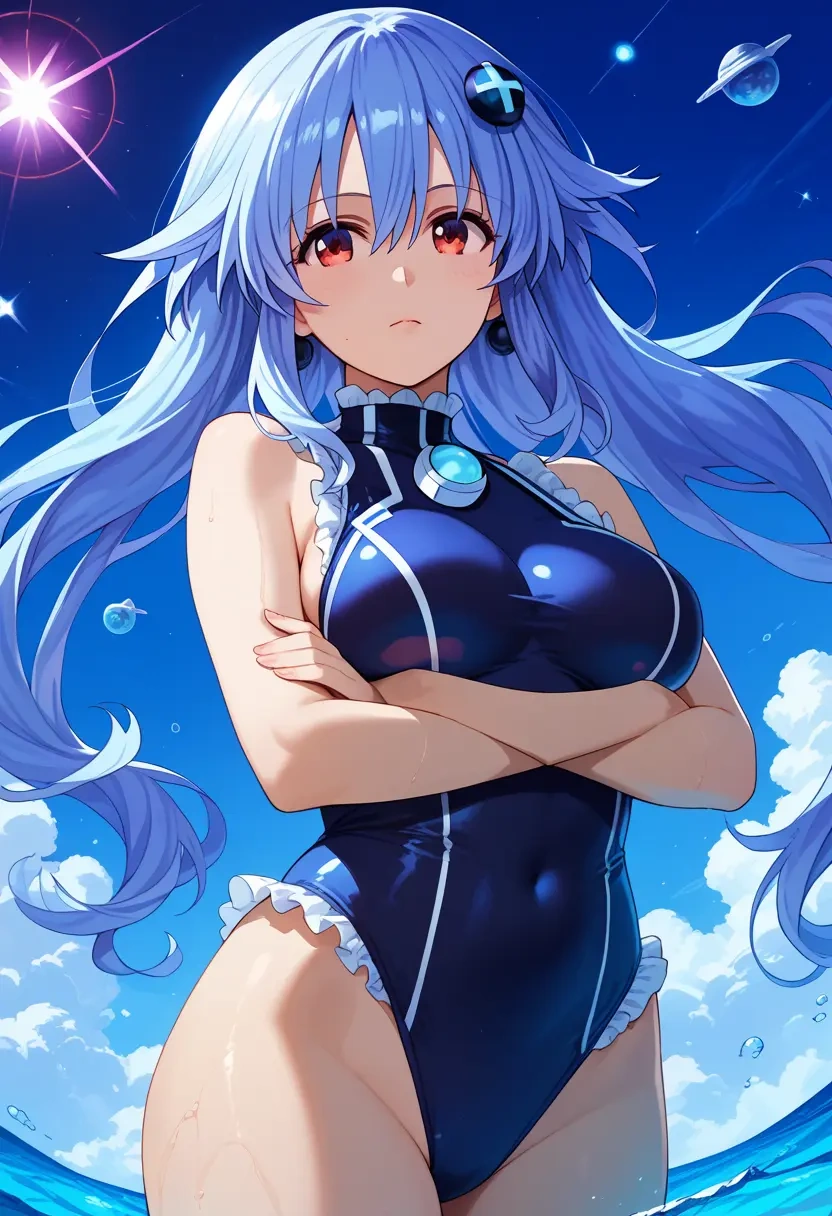 neptune_(series),noire_(neptunia),retro style swimsuit,frilled neckline,bow detail  - 