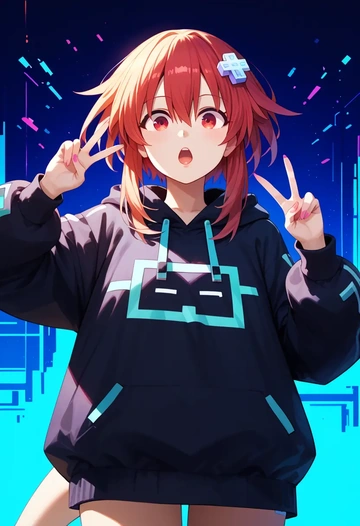 neptune_(series),noire_(neptunia),oversized graphic hoodie,thigh-high socks,shorts  - AI generated anime art