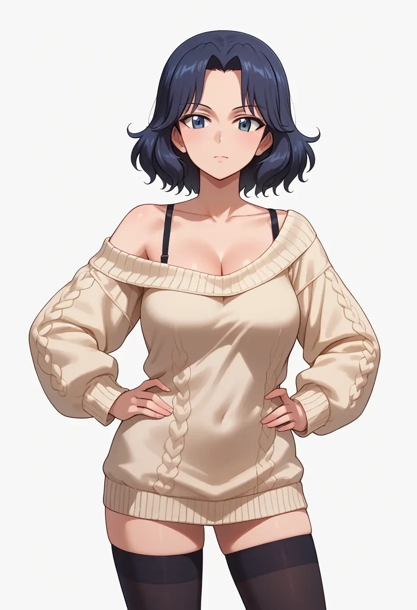 girls_und_panzer,nonna_(girls_und_panzer),Hands on hips,off-shoulder,sweater,stockings  - 