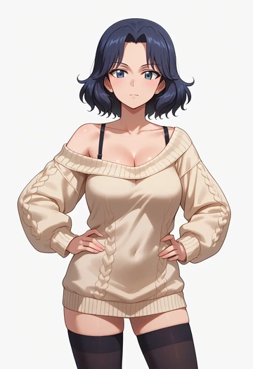 girls_und_panzer,nonna_(girls_und_panzer),Hands on hips,off-shoulder,sweater,stockings  - AI generated anime art