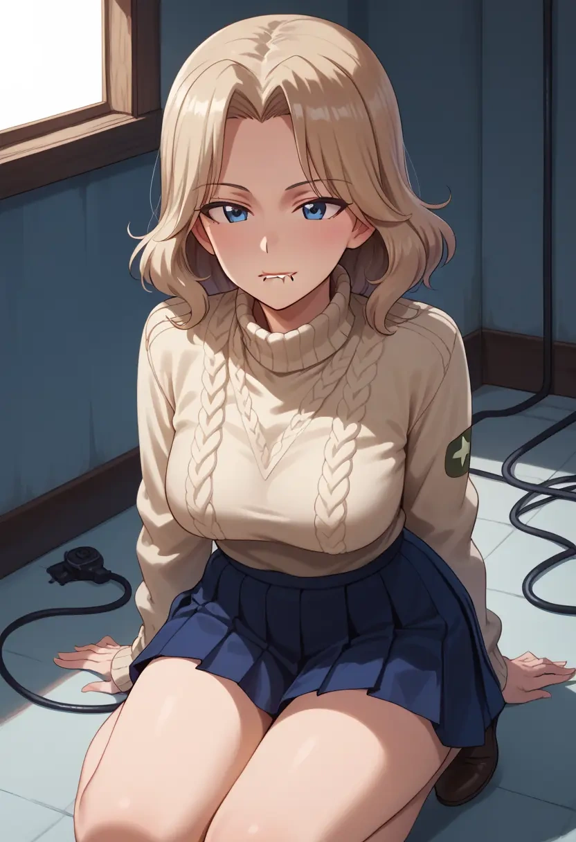 girls_und_panzer,nonna_(girls_und_panzer),sweater,cropped,pleated midi skirt  - 