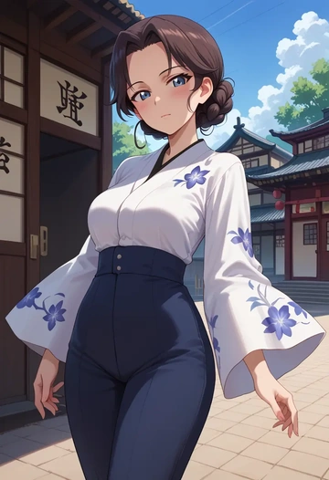 girls_und_panzer,nonna_(girls_und_panzer),kimono,silk,wide-leg trousers  - AI generated anime art