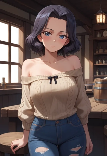 girls_und_panzer,nonna_(girls_und_panzer),sweater,off-shoulder,ripped jeans  - AI generated anime art