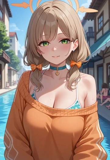 blue_archive,nonomi_(swimsuit)_(blue_archive),orange,sweater,choker  - AI generated anime art