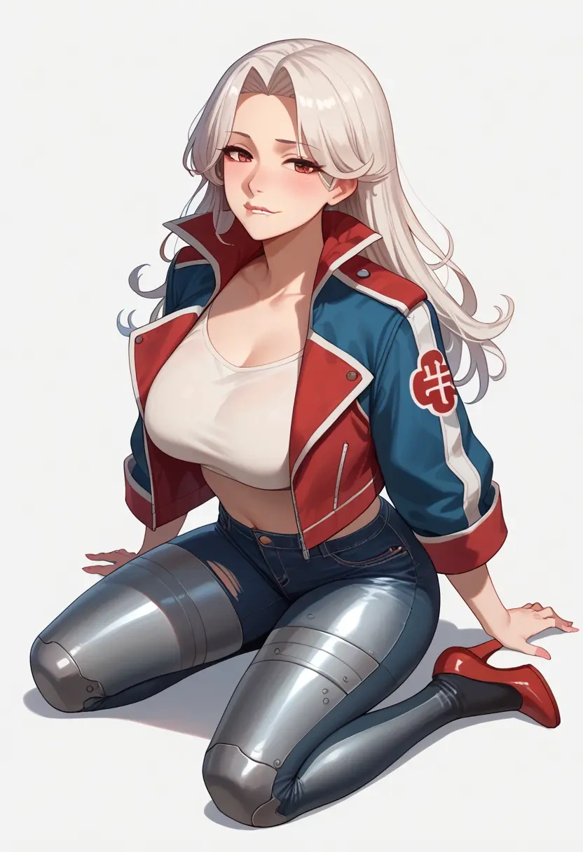 kantai_collection,northern_ocean_princess,denim jacket,cropped,leather leggings  - 