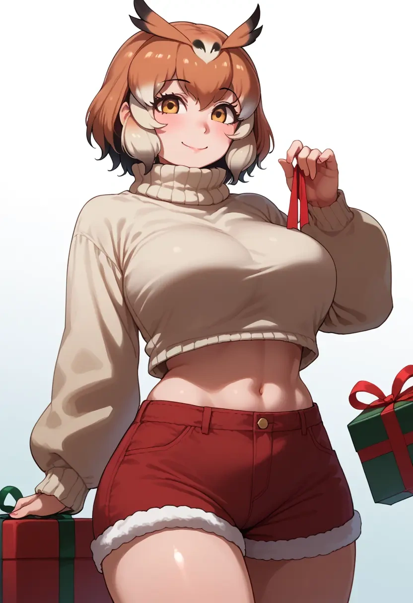 kemono_friends,northern_white-faced_owl_(kemono_friends),Christmas,red velvet shorts,turtleneck sweater  - 