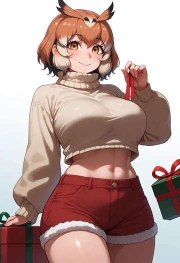 kemono_friends,northern_white-faced_owl_(kemono_friends),Christmas,red velvet shorts,turtleneck sweater  - AI generated anime art