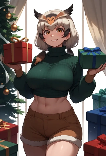 kemono_friends,northern_white-faced_owl_(kemono_friends),Christmas,red velvet shorts,turtleneck sweater  - AI generated anime art