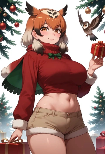 kemono_friends,northern_white-faced_owl_(kemono_friends),Christmas,red velvet shorts,turtleneck sweater  - AI generated anime art